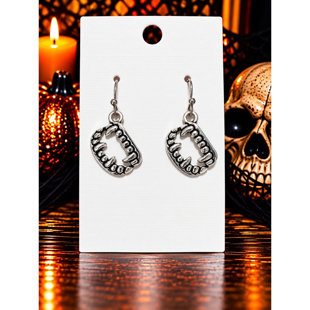 Handmade Vampire Fang Earrings Silver Halloween Goth Vampire Teeth Dangles